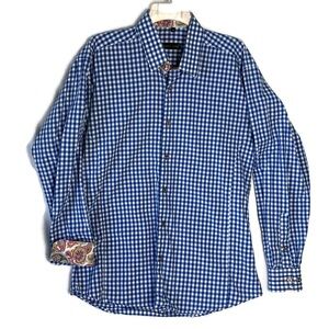 Jared Lang Blue and White Checkered Shirt with Patterned Cuffs